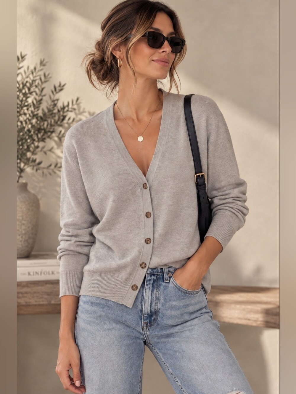 H&M | Light Taupe V-Neck Button-Front Cardigan, Size M